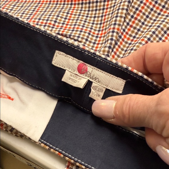 Boden Cotton Blend Ankle Crop Ponte Knit Trouser in Red Navy Tan Plaid Size 6R - Picture 2 of 11